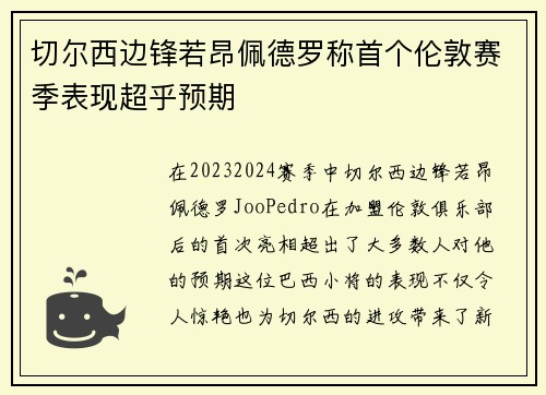 切尔西边锋若昂佩德罗称首个伦敦赛季表现超乎预期