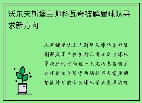 沃尔夫斯堡主帅科瓦奇被解雇球队寻求新方向